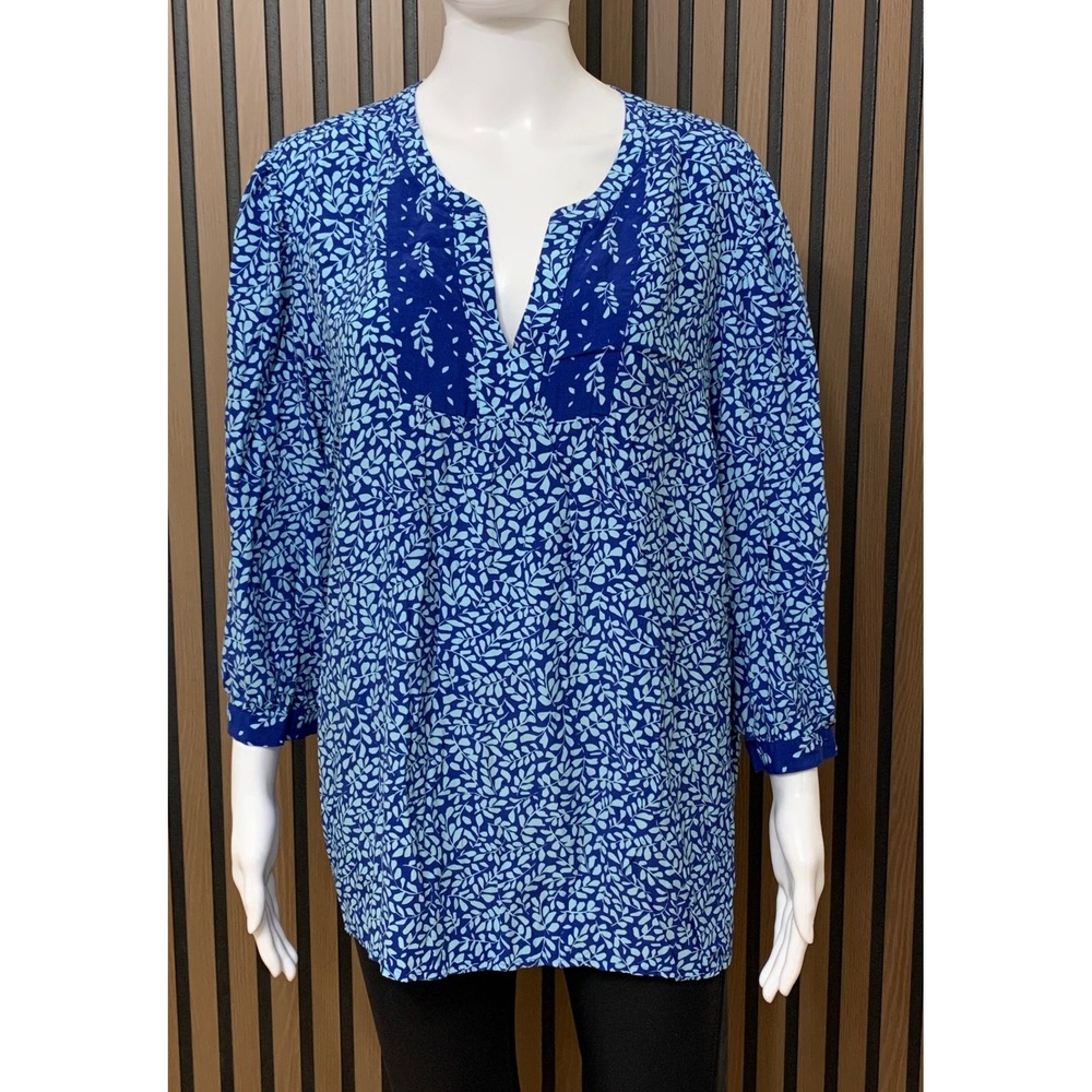 J. Jill Pure Jill Blue Leaf Print Rayon Tunic Blouse XL Split Neck 3/4 Sleeve